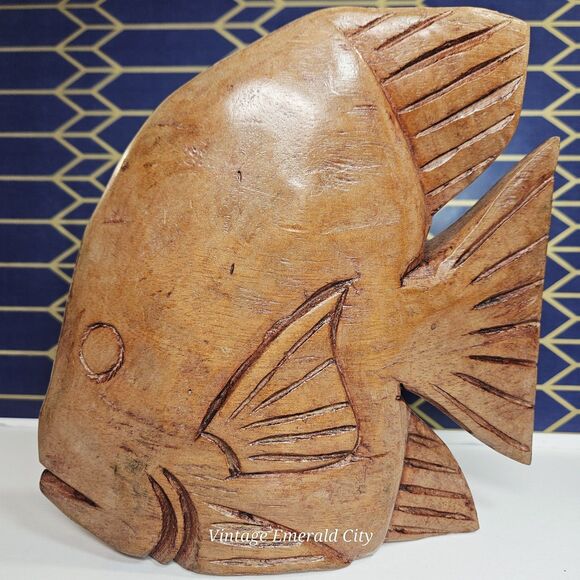 Vtg Hand Carved Cedar Wooden Fish Sculpture Mid Century Ocean Life 3D Brown Boho - Picture 4 of 12
